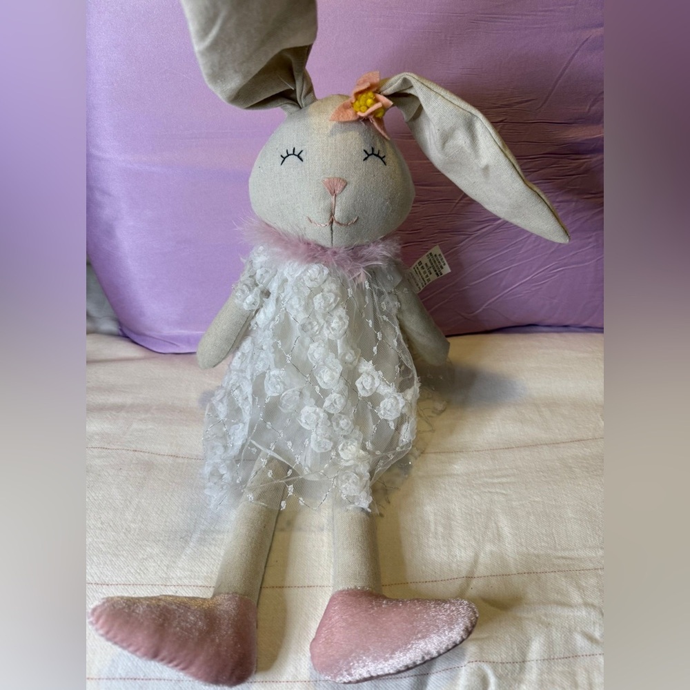 Bunny Plush Doll With Lace Dress – Pink Velvet Feet – 20” – Nursery Decor